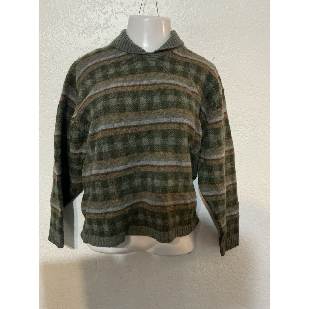 Eddie Bauer Sweater VINTAGE Womens Medium Green Brown Plaid 100% WOOL